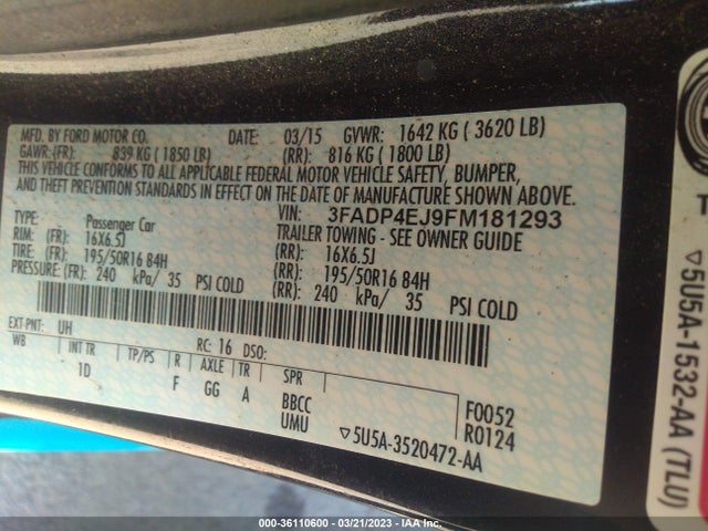 Продаж на аукціоні авто 2015 Ford Fiesta Se, vin: 3FADP4EJ9FM181293, номер лоту: 36110600