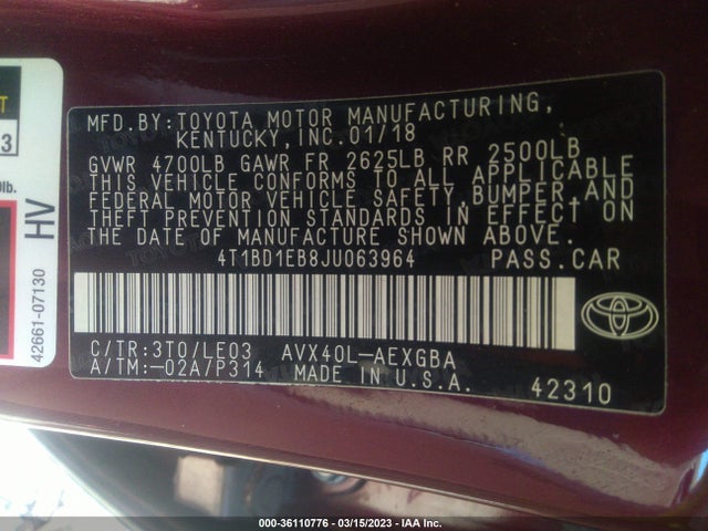 2018 Toyota Avalon, VIN: 4T1BD1EB8JU063964