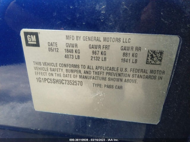 2012 CHEVROLET CRUZE LS VIN: 1G1PC5SH9C7352570