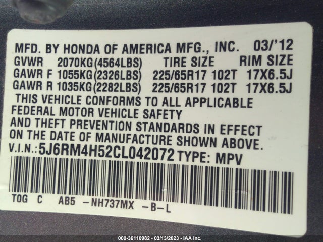 Honda CR-V EX 2012 5J6RM4H52CL042072 Image 10