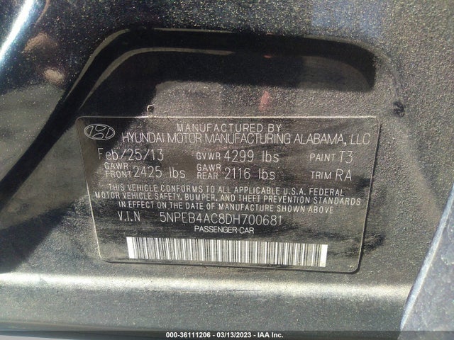 2013 HYUNDAI SONATA GLS PZEV VIN: 5NPEB4AC8DH700681