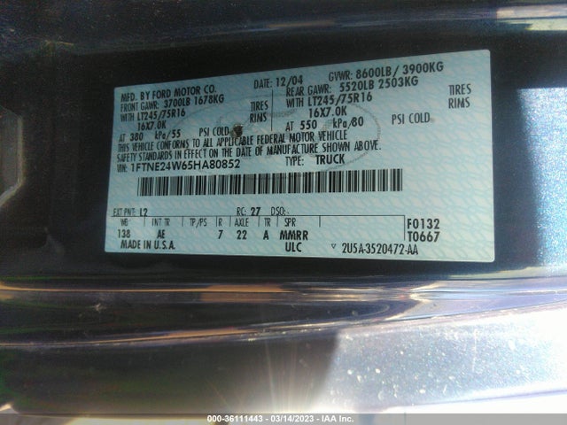 2005 FORD ECONOLINE CARGO VAN VIN: 1FTNE24W65HA80852