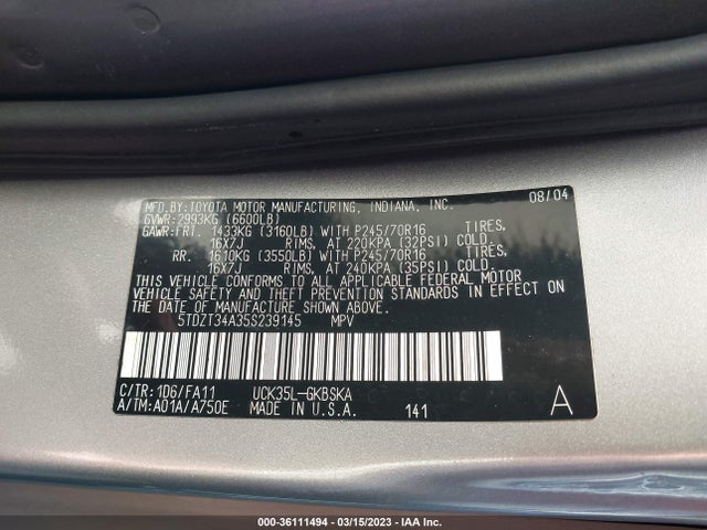 2005 TOYOTA SEQUOIA SR5 VIN: 5TDZT34A35S239145
