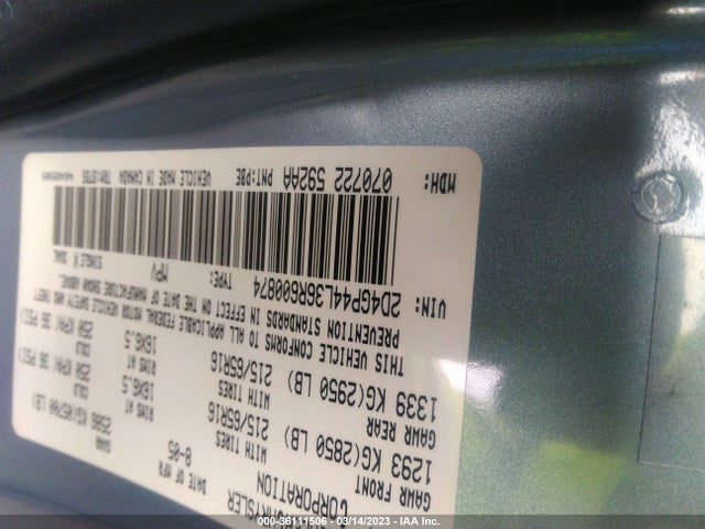 2006 DODGE GRAND CARAVAN SXT VIN: 2D4GP44L36R600874