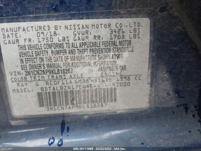 3N1CN7AP9KL818287 Nissan Versa Sedan Sv