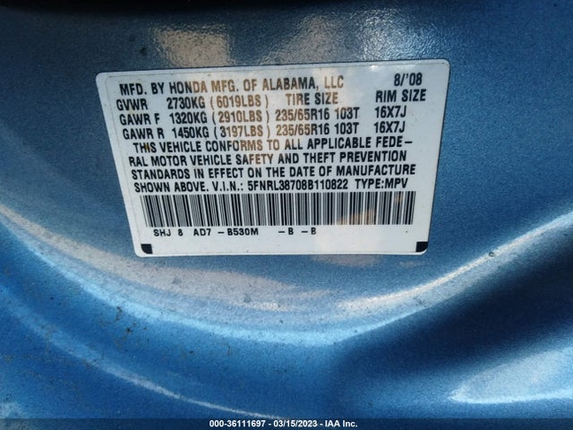 2008 HONDA ODYSSEY EX-L VIN: 5FNRL38708B110822