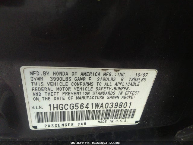 1998 HONDA ACCORD SDN LX VIN: 1HGCG5641WA039801