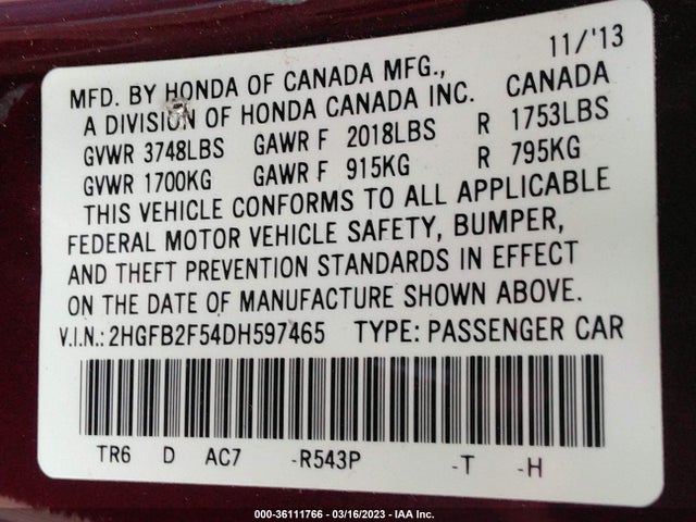 2013 HONDA CIVIC SDN LX VIN: 2HGFB2F54DH597465