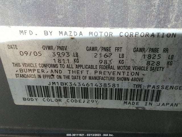 2006 MAZDA MAZDA3 S GRAND TOURING VIN: JM1BK343461438581