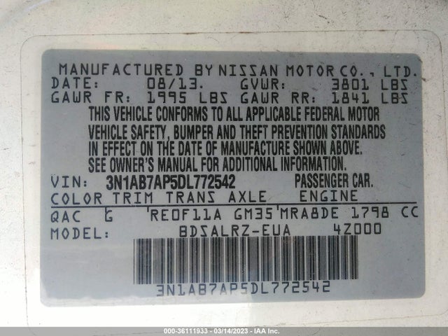 2013 NISSAN SENTRA SR VIN: 3N1AB7AP5DL772542