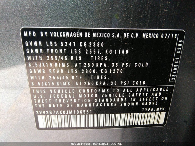 3VV3B7AX0JM196551 Volkswagen Tiguan Sel/se