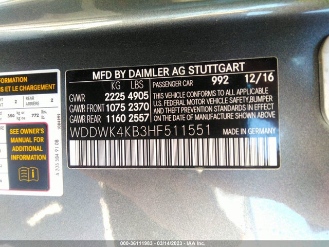 2017 MERCEDES-BENZ C-CLASS C 300 VIN: WDDWK4KB3HF511551