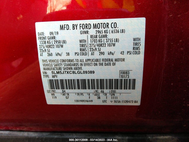 2020 LINCOLN AVIATOR RESERVE VIN: 5LM5J7XC8LGL09389