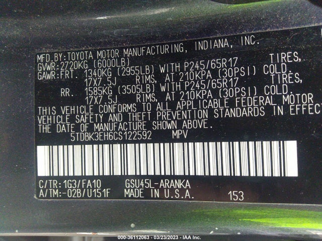 2012 TOYOTA HIGHLANDER VIN: 5TDBK3EH6CS122592