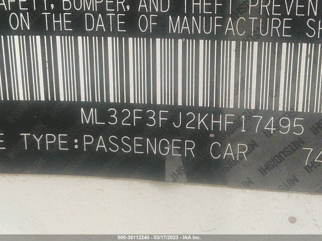 2019 MITSUBISHI MIRAGE G4 ES/RF VIN: ML32F3FJ2KHF17495