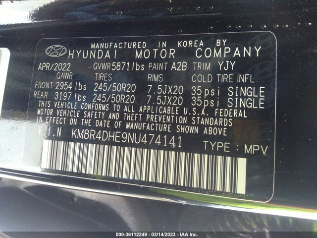 2022 HYUNDAI PALISADE SEL VIN: KM8R4DHE9NU474141