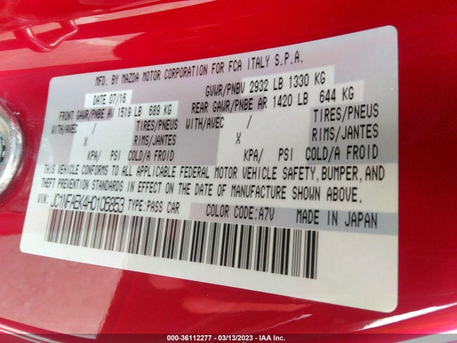 2017 Fiat 124 Spider, VIN: JC1NFAEK4H0106853