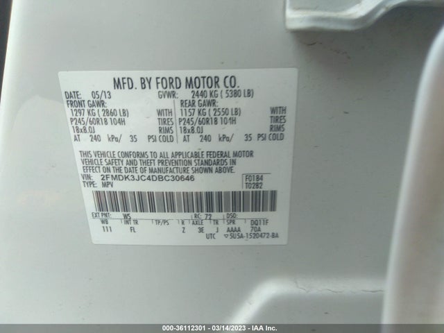 2013 FORD EDGE SEL VIN: 2FMDK3JC4DBC30646