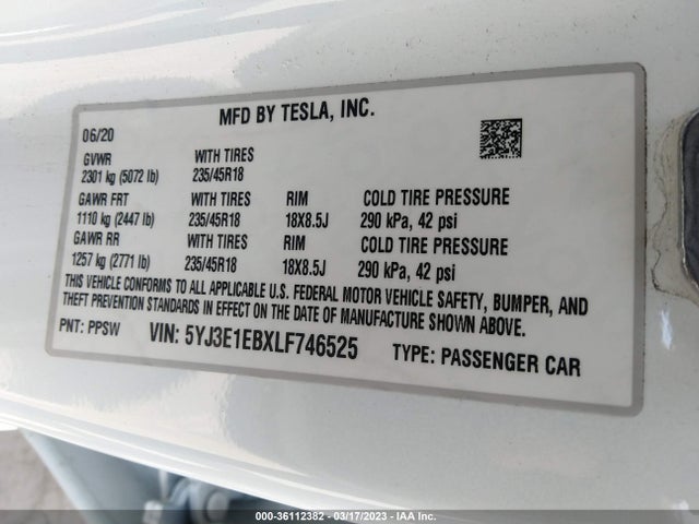 Tesla Model 3 Long Range 2020 5YJ3E1EBXLF746525 Image 10