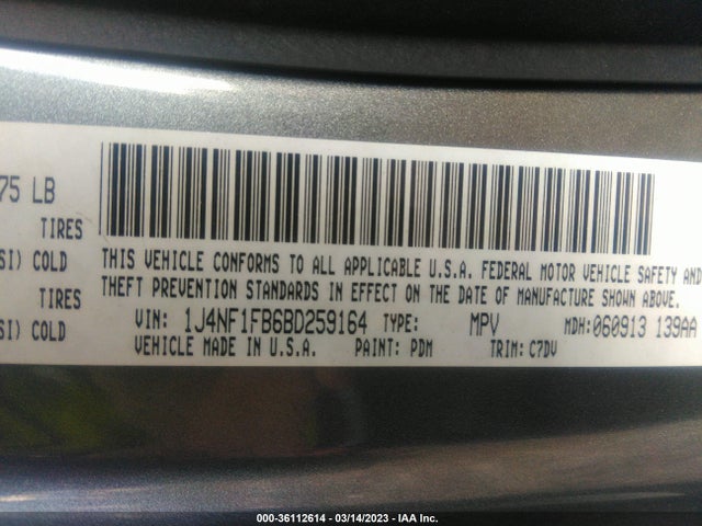 2011 JEEP COMPASS VIN: 1J4NF1FB6BD259164