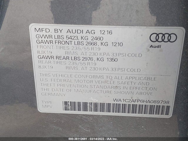 Audi Q5 PREMIUM 2017 WA1C2AFP6HA089798 Image 9