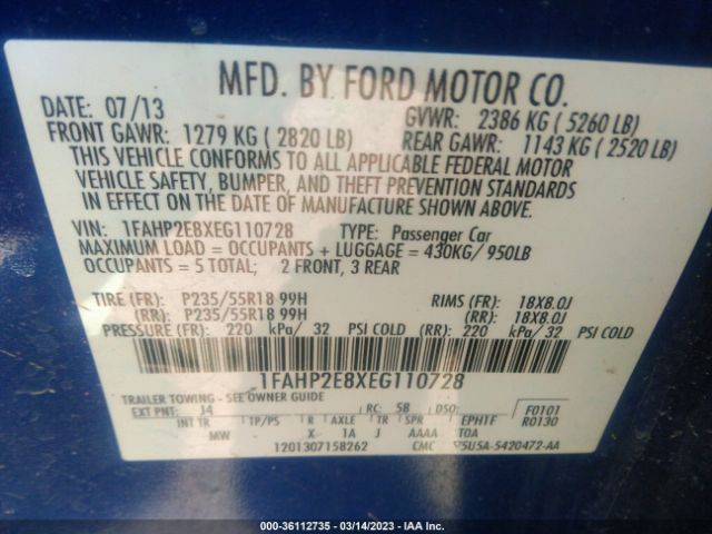 Ford TAURUS SEL 2014 1FAHP2E8XEG110728 Image 9
