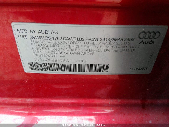 2006 AUDI A4 2.0T VIN: WAUDF98E76A137148