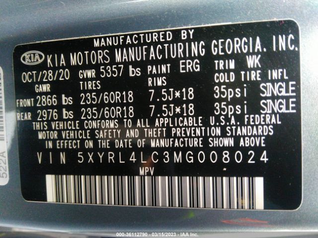 5XYRL4LC3MG008024 KIA SORENTO S