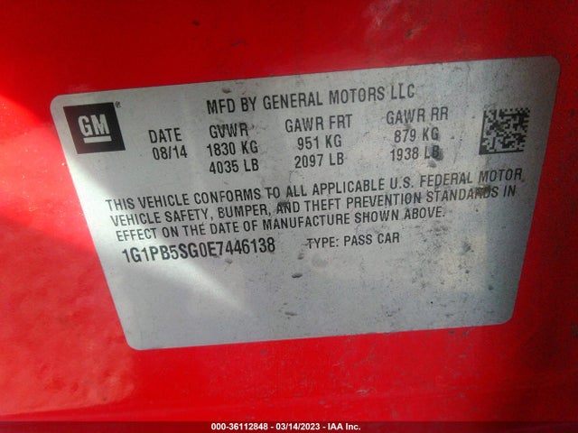 Chevrolet CRUZE LS 2014 1G1PB5SG0E7446138 Image 9