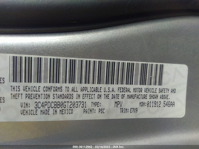 2016 DODGE JOURNEY SXT VIN: 3C4PDCBB0GT203731