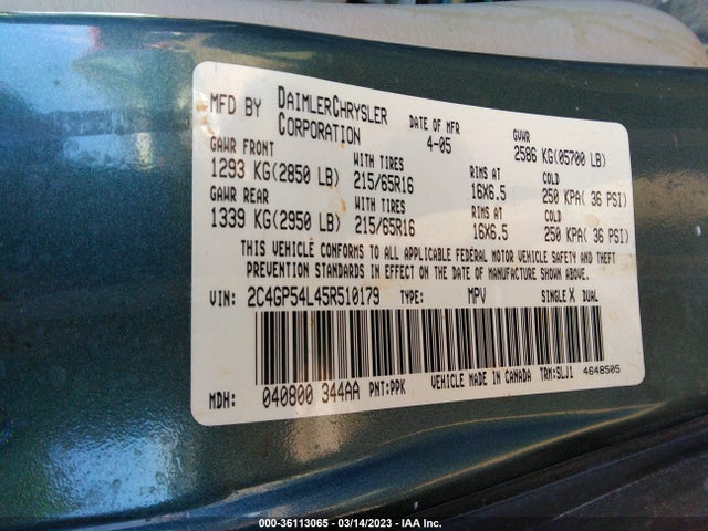 2005 CHRYSLER TOWN & COUNTRY TOURING VIN: 2C4GP54L45R510179