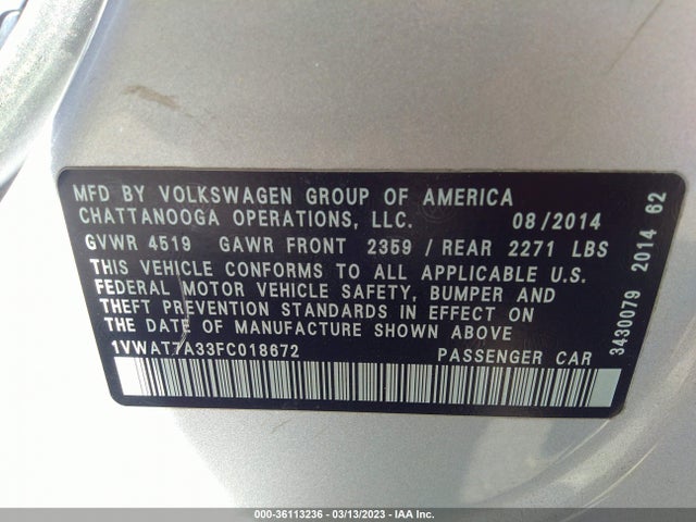 1VWAT7A33FC018672 Volkswagen Passat 1.8t Wolfsburg Ed