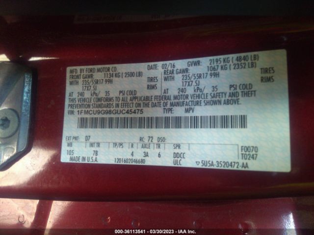1FMCU9G98GUC45475 Ford ESCAPE SE