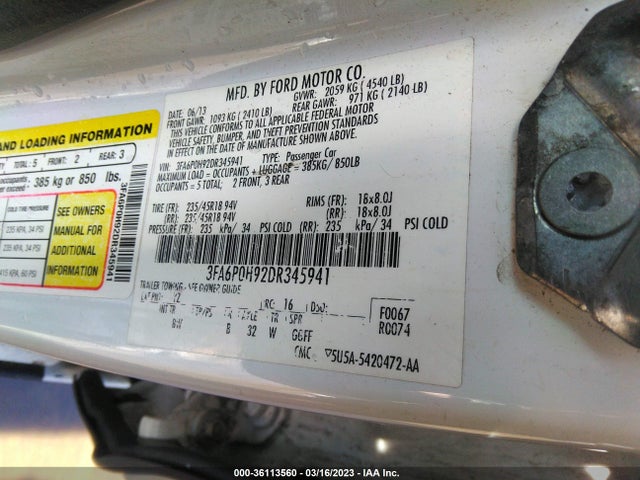 2013 FORD FUSION SE VIN: 3FA6P0H92DR345941