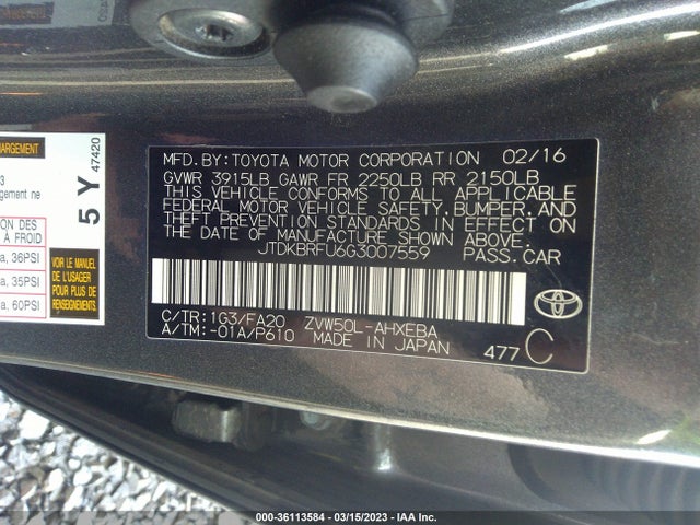Toyota Prius Two 2016 JTDKBRFU6G3007559 Image 10