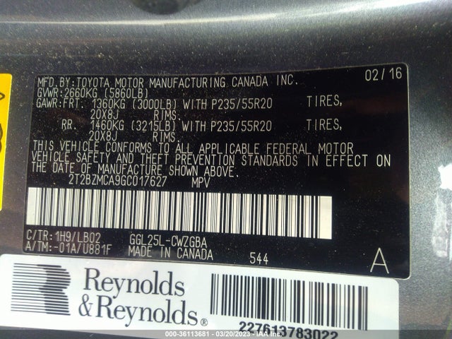 2016 Lexus RX, VIN: 2T2BZMCA9GC017627
