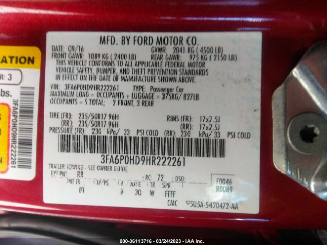 3FA6P0HD9HR222261 Ford FUSION SE