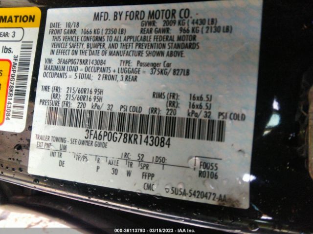 3FA6P0G78KR143084 Ford FUSION S