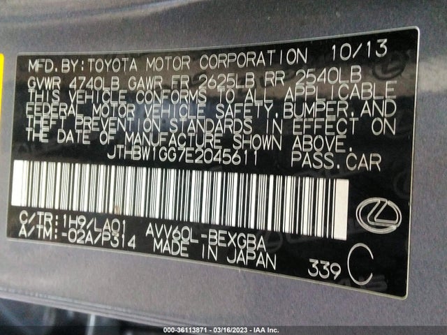 JTHBW1GG7E2045611 Lexus Es 300h Hybrid