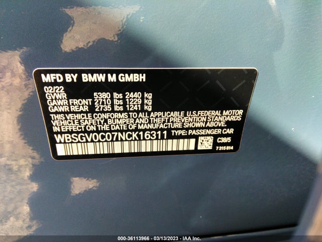 2022 BMW M8, VIN: WBSGV0C07NCK16311