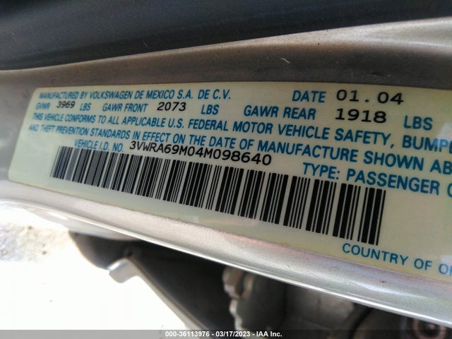 2004 VOLKSWAGEN JETTA SEDAN GL VIN: 3VWRA69M04M098640