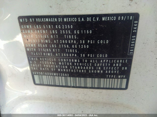3VV3B7AX8KM013592 Volkswagen Tiguan Se/sel/sel R-line