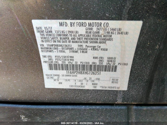 Ford TAURUS SEL 2017 1FAHP2H8XHG126251 Image 10