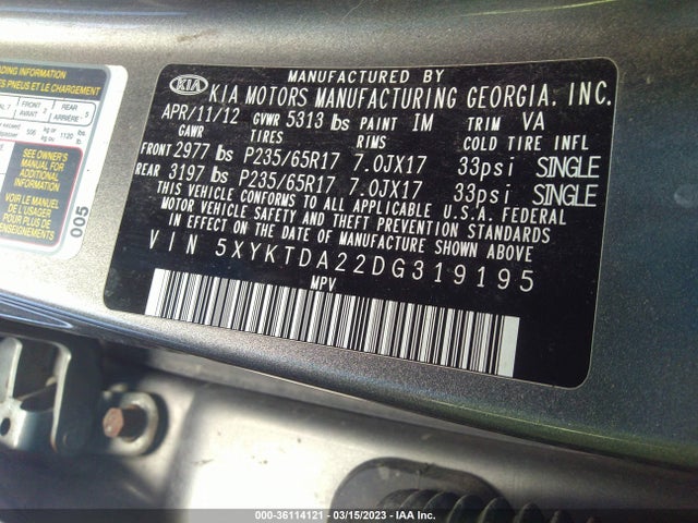 2013 KIA SORENTO LX VIN: 5XYKTDA22DG319195