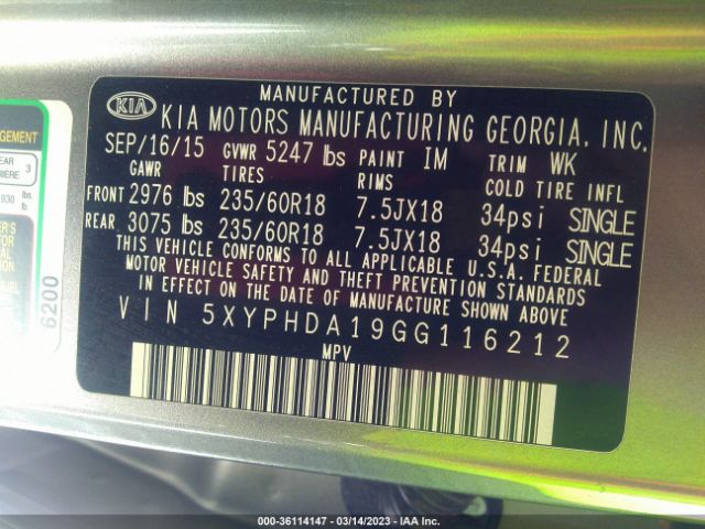 5XYPHDA19GG116212 KIA SORENTO EX
