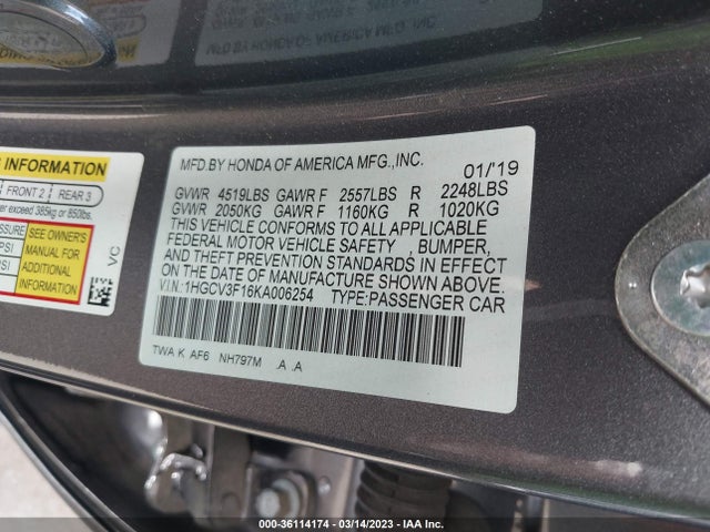 2019 Honda Accord, VIN: 1HGCV3F16KA006254