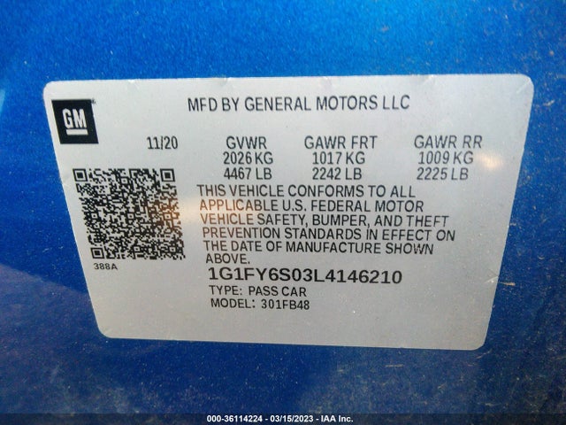 2020 Chevrolet Bolt EV, VIN: 1G1FY6S03L4146210
