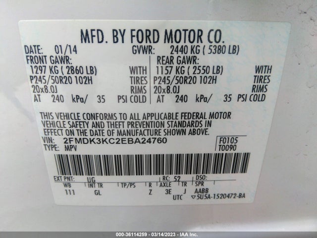 2014 FORD EDGE LIMITED VIN: 2FMDK3KC2EBA24760