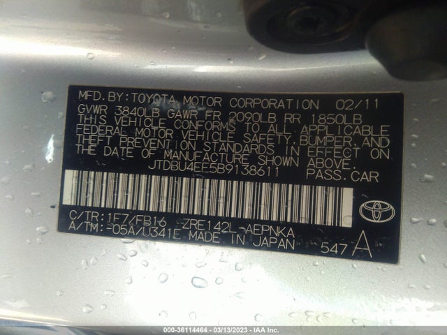 2011 TOYOTA COROLLA L/LE/S VIN: JTDBU4EE5B9138611
