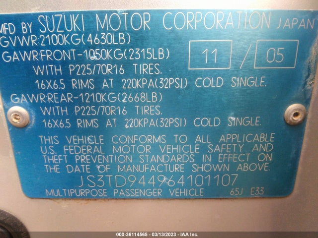 2006 SUZUKI GRAND VITARA XSPORT VIN: JS3TD944964101107